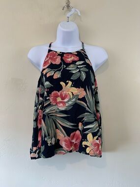 Hollister Black Floral Halter Tank Top with Pink and Yellow Flowers